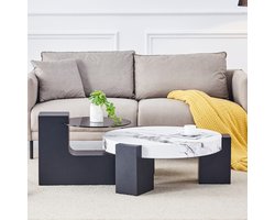 COVREO Bijzettafel set 61 x 61 x 30 cm - 2-delig, rond, marmereffect, glas en MDF, wit zwart