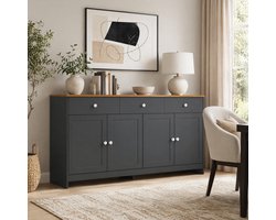 COVREO Buffetkast 160 x 37 x 75 cm - 4 deuren, 3 lades, verstelbare planken, grijszwart