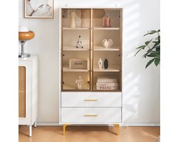 COVREO Buffetkast 70x35x150 cm – wit, teekleurige glazen deuren, 2 lades en LED-verlichting