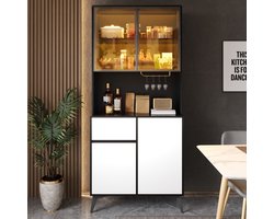 COVREO Buffetkast 80x40x180 cm zwart wit, MDF met LED en glazen deuren