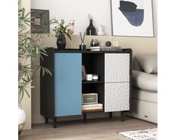 COVREO Buffetkast 90 x 40 x 80 cm - zwart en blauw, 2 lades, 2 open opbergvakken