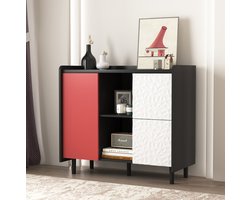 COVREO Buffetkast 90 x 40 x 80 cm - zwart en rood, 2 lades, 2 open vakken