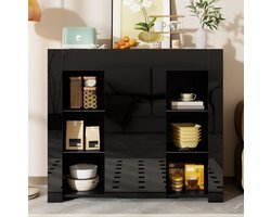 COVREO Buffetkast 95x35x83 cm - zwart, deels hoogglans, met glasplanken en kastdeur