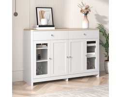COVREO Dressoir 120 x 37 x 80 cm - 4 deuren, 2 lades, verstelbare planken, wit en houtkleur