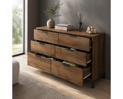 COVREO Dressoir 120 x 40 x 76 cm – donkere eik, 6 lades, metalen frame