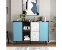 COVREO Dressoir 120 x 40 x 80 cm - met 2 lades, open vakken en blauwe deuren, zwart