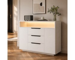 COVREO Dressoir 120 x 40 x 85 cm - wit, open vak, 3 lades, 2 deuren, LED-verlichting