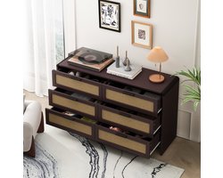 COVREO Dressoir 130 x 40 x 74 cm roodbruin met 6 laden en rotanfronten