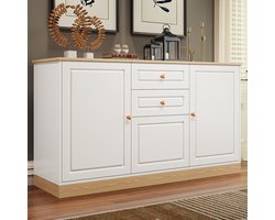 COVREO dressoir 135,5 x 39 x 76 cm - 2 lades, verstelbare planken, wit en houtkleur