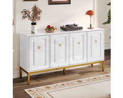 COVREO dressoir 140 x 40 x 80 cm - hoogglans opbergkast met verstelbare planken, wit en goud