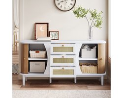 COVREO dressoir 140,5 x 40 x 76 cm - 3 rotan lades, verstelbare planken, wit en houtkleur