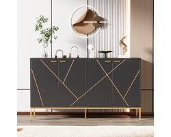 COVREO Dressoir 150 x 40 x 80 cm - vier deuren, verstelbare planken, zwart en goud