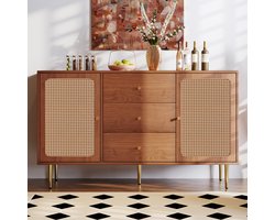 COVREO Dressoir 150x40x90 cm - walnoot, rattan deuren, 3 laden, verstelbare plank