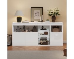 COVREO Dressoir 155,5x35x72 cm wit, spaanplaat en glas met LED-verlichting