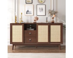 COVREO Dressoir 155x38x80 cm - 3 schuifdeuren, 2 lades, rattan en donker hout