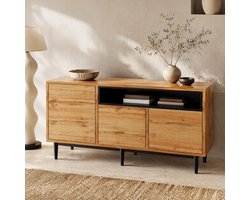 COVREO dressoir 160 x 35 x 76 cm - 3 deuren, verstelbare planken, zwart met houtlook