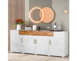 COVREO Dressoir 208 x 39,5 x 80 cm - wit marmereffect, houtlook, 4 deuren en 2 lades