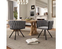 COVREO Eetkamerstoel 59x54x72 cm - grijs velvet, draaibaar, metalen onderstel, set van 2