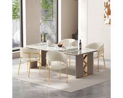 COVREO Eetkamerstoel set van 4 55 x 80 cm - beige ribstof, armleuning, verstelbare voetjes