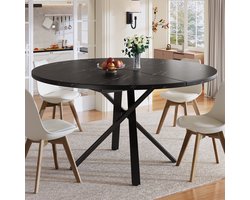 COVREO Eettafel 100-140x100x75,5 cm – zwart, marmerlook fineer MDF blad, metalen X-onderstel