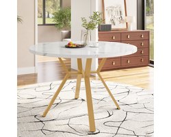COVREO Eettafel 100x100x75 cm wit en goud MDF met marmerlook fineer en X-vormig metalen onderstel