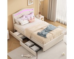 COVREO Gestoffeerd bed met LED en 2 lades – 90x200 cm – Bedframe van linen en MDF – met verstelbaar hoofdeinde – Beige - zonder matras