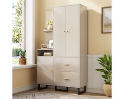 COVREO Halmeubel 110x38x186 cm – beige grijs, 2 lades, open vakken en uittrekbare kledingroede
