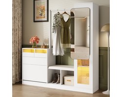 COVREO Halmeubel 163x50x161 cm - wit, met spiegel, LED-verlichting en klapschoenenkast