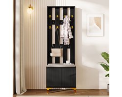 COVREO Halmeubel 60,5 x 35,2 x 180,5 cm - met schoenenbank, kussen, haken en kast, zwart goud