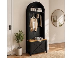 COVREO Halmeubel 75x35x195 cm – zwart en houtkleur, met haken, schoenenkast en opbergrek