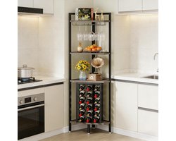 COVREO Hoek wijnrek 40x40x161 cm - grijs MDF en metaal, 4 lagen met glas- en flessenhouder