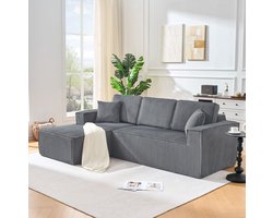 COVREO Hoekbank 235 x 128 x 60 cm - grijs corduroy, modulair, 2 kussens