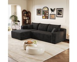 COVREO Hoekbank 241 cm – zwart corduroy, 3-zits, chaise longue, zonder montage