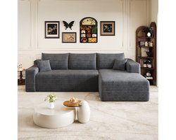 COVREO Hoekbank 241x151x84 cm – donkergrijs corduroy, 3-zits, zonder montage
