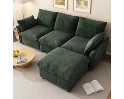COVREO Hoekbank met losse hocker – 222,5 x 154,5 x 76,5 cm – 3-zits sofa in chenille – zitmeubel voor woonkamer – Donkergroen