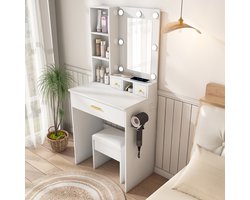 COVREO Kaptafel 60 x 38 x 131,5 cm - wit MDF, met spiegel, lades en hocker