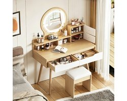 COVREO Kaptafel 80x40x135 cm – spiegel, LED-verlichting, hocker en opbergruimte in MDF
