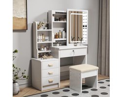 COVREO Kaptafel 85x36x130 cm wit MDF met spiegel, verlichting en 4 lades