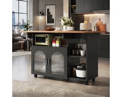 COVREO keukeneiland eettafel 120 x 70 x 79,5 cm - opklapbaar, met opbergruimte en wielen, zwart naturel