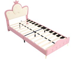 COVREO Kinderbed 206,5x101x112,5 cm – roze wit kunstleer met LED-verlichting en kroonhoofdbord