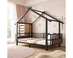 COVREO Kinderbed 90x200 cm zwart, metalen huisbed met veiligheidsrek