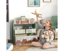 COVREO Kinderkast 63x30x66 cm - groen houten opbergkast met 6 stoffen boxen