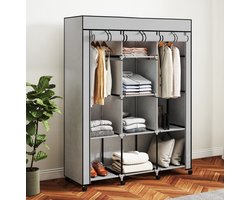 COVREO Kledingkast 125 x 43 x 162,5 cm, grijs, stof, met wielen en 8 planken