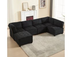 COVREO Modulaire hoekbank 308x154x82 cm - zwart cord, opbergtasjes, als L-vorm, U-vorm of slaapbank