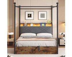 COVREO Multifunctioneel bedframe met opbergruimte – 140x190 cm – Hemelbed van metaal en houtlook – voor slaapkamer en kinderkamer – zwart - zonder matras