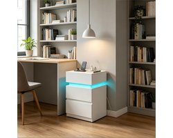 COVREO Nachtkastje 40 x 35 x 55 cm wit, van hout met LED verlichting en oplaadstation