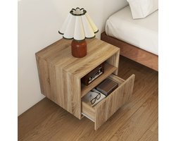 COVREO Nachtkastje 40x39,5x35 cm - Zwevend - Wandmontage - Met Lade en Open Vak - Griffloos - Naturel Hout - Belastbaar tot 15 kg - Krasbestendig