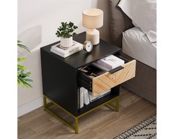 COVREO Nachtkastje 42,9x39,8x55,1 cm - 1 lade, open vak, zwart en naturel, MDF