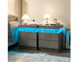 COVREO Nachtkastje 50x36x53 cm donkergrijs, spaanplaat met LED en 2 lades