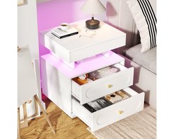 COVREO Nachtkastje 50x40x60 cm - wit, spaanplaat, 2 lades en open vak met LED-verlichting